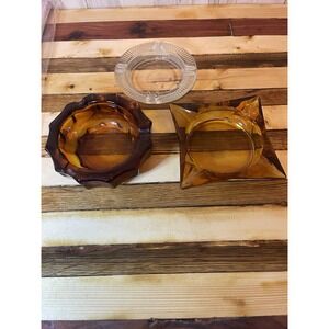 Lot of 3- Vintage 1970's 2 Golden Amber Glass Ashtrays - 1 Clear